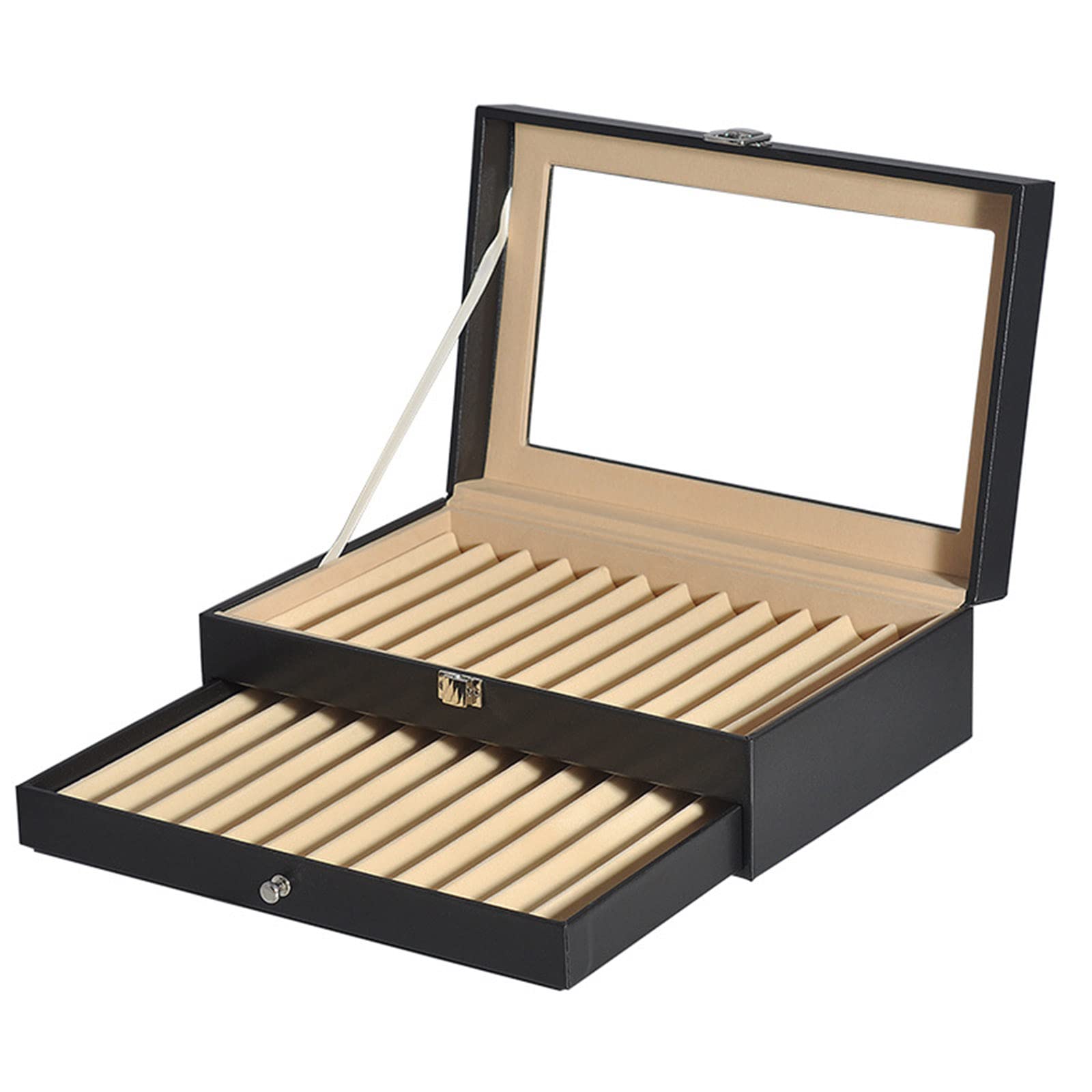 Estuche De Exhibición De Bolígrafos, Caja De Almacenamiento De Lápices Estilográficos De Cuero De Pu, Con Ventana De Vidrio Superior, Vitrina De Colección De Bolígrafos, Para Tienda O Hogar (B 30.5*1