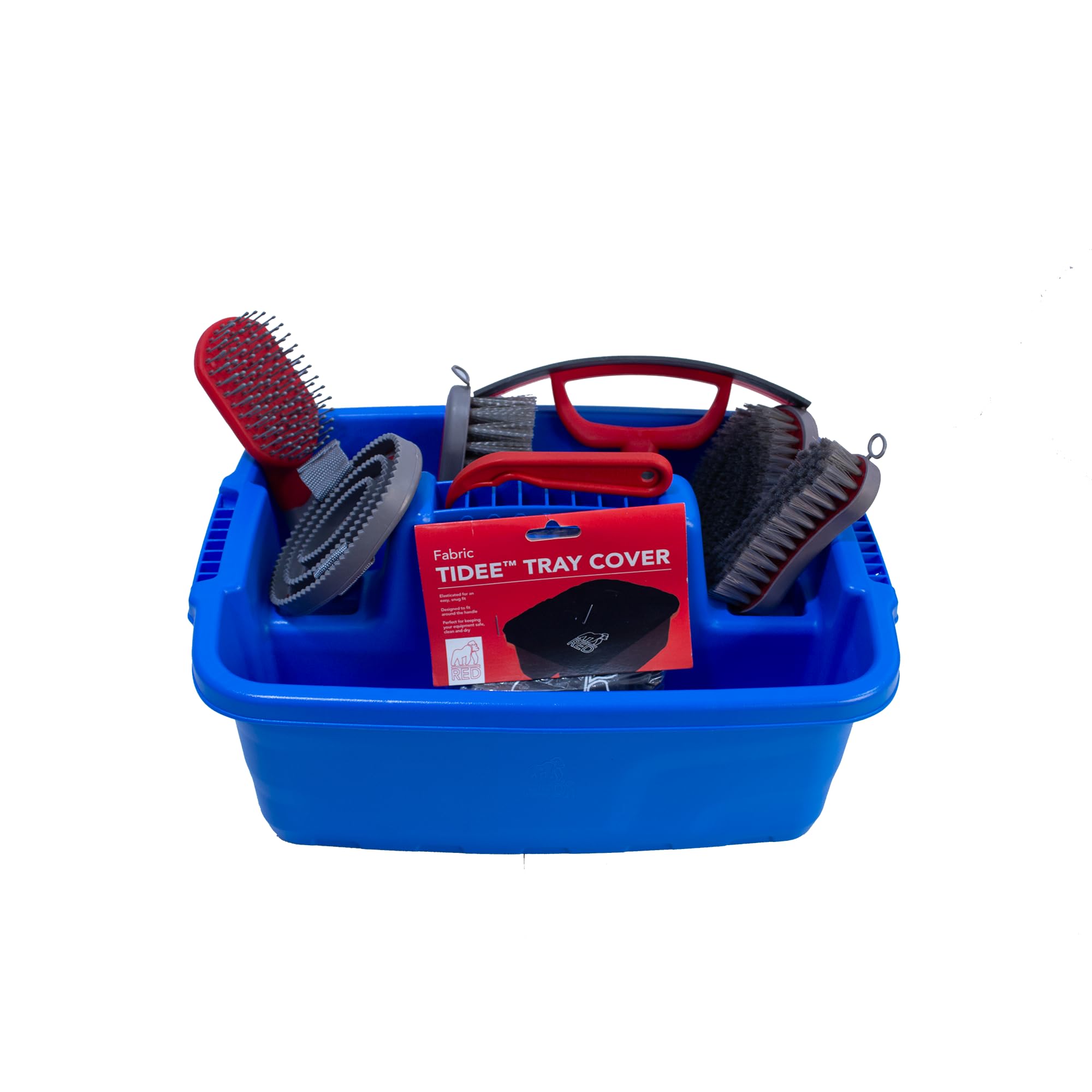 Red Gorilla Horse Grooming Kit 9 Piece Equestrian Care Gift Set 4 Brushes Sweat Scraper Curry Comb Hoof Pick Red Tray and Waterproof Cover (Blue)