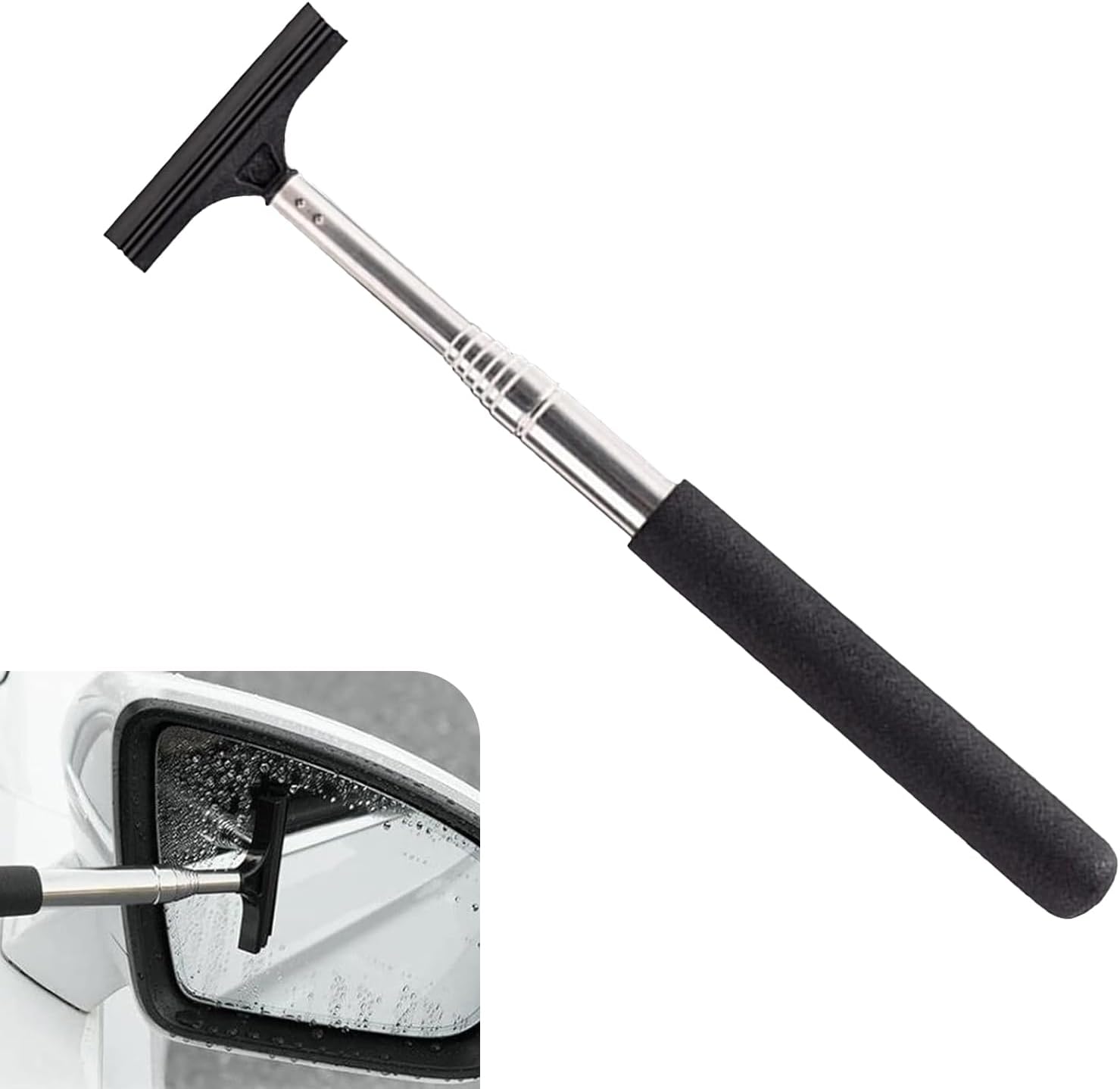 Telescoping Car Rearview Mirror Squeegee, Stainless Steel Extendable Auto Glass Cleaner, Portable Windshield Wiper Tool for Cars, SUVs, Trucks, Windows, and Mirrors (Black)