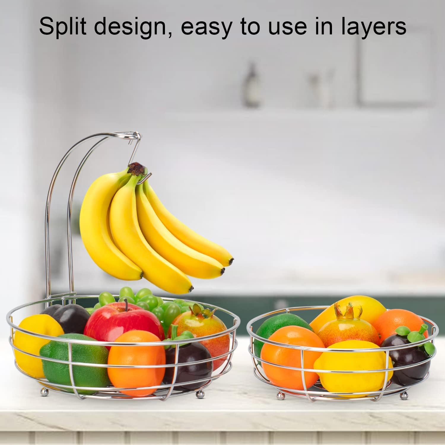Bomclap Cesto per frutta con porta banana – 2 ripiani in metallo – cucina in piedi moderni ciotole per frutta – Cestino decorativo per frutta – argento
