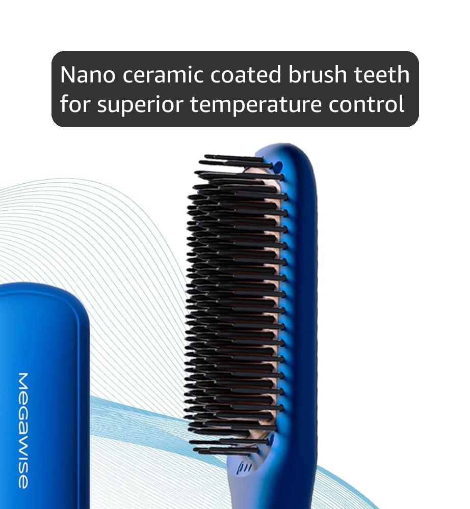 MEGAWISE Pro Ceramic Ionic Hair Straightener Brush for Home Salon | MCH Fast 20s Heating Tech with Auto-Off Safety | Anti-Scald with Universal Dual Voltage | Rotatable Power Cord (Gentian Blue)