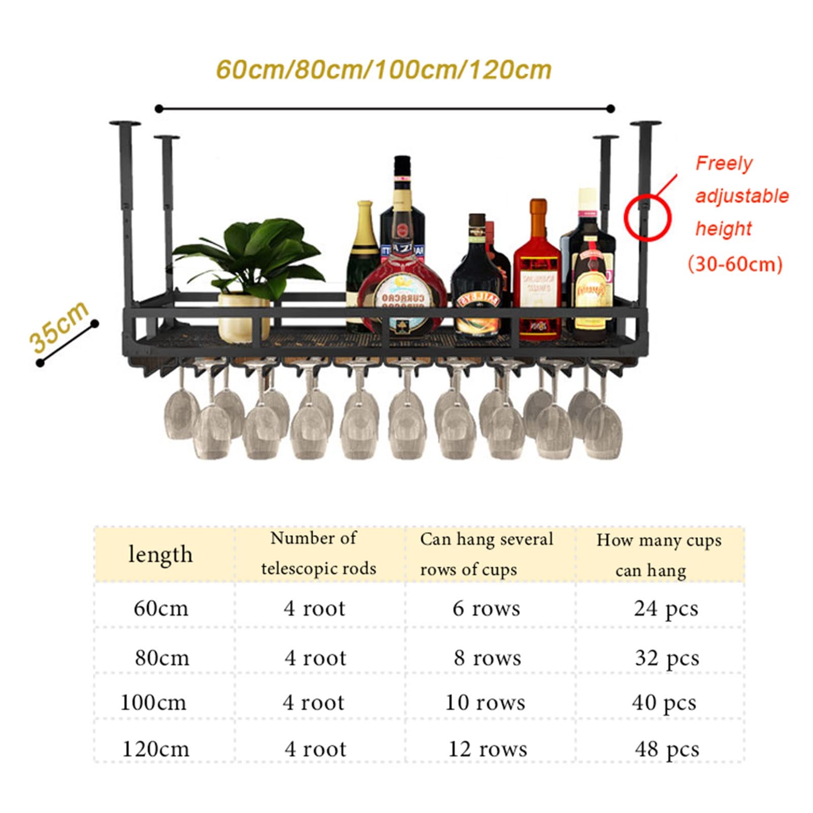 ZXFDMSWJ Portabottiglie da Appendere, Portabottiglie in Metallo, Decorazione a Soffitto Portabicchieri da Vino Portacalici, per Bar, Ristoranti, Cucine - Altezza Regolabile/120Cmx35Cmx16Cm