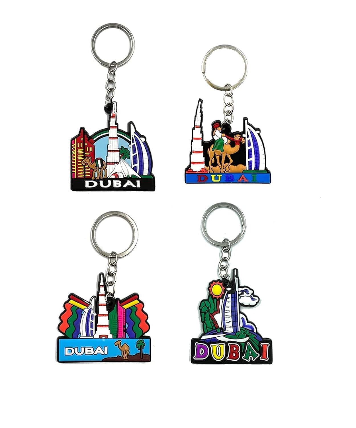 Dubai UAE Design Colorful Souvenir Gift Rubber Travel Keychain - Keyring 4 Pcs Mix