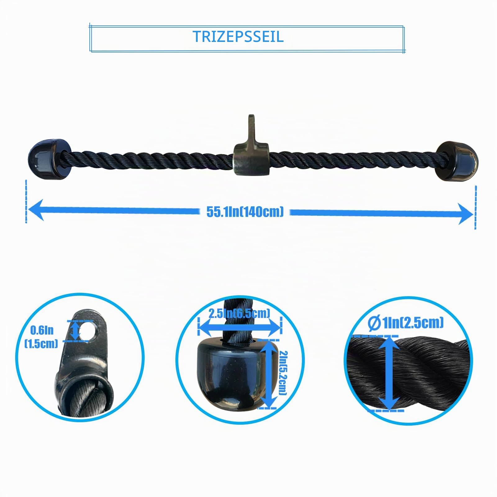 langes Triceps Seil, Seil Pull Down Befestigung 120/140/160cm, Tricep Pull Down Seil für Home Gym Riemenscheibe System, Kabelmaschine Befestigung