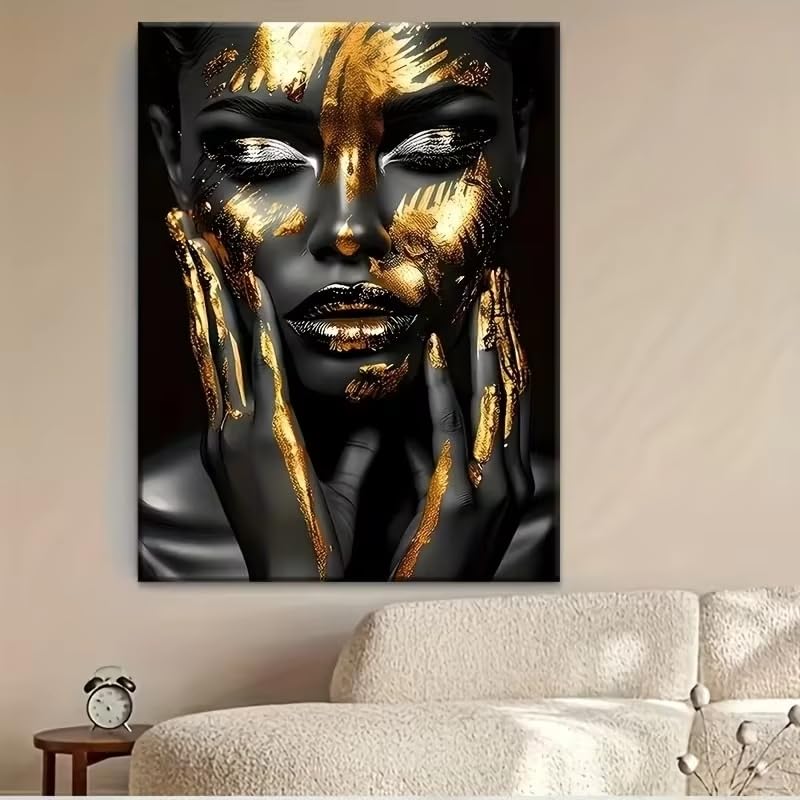 Póster y láminas de mujer en negro y dorado, cuadro sobre lienzo, arte de pared para la decoración del hogar en la sala de estar (50x70cm/Con marco)