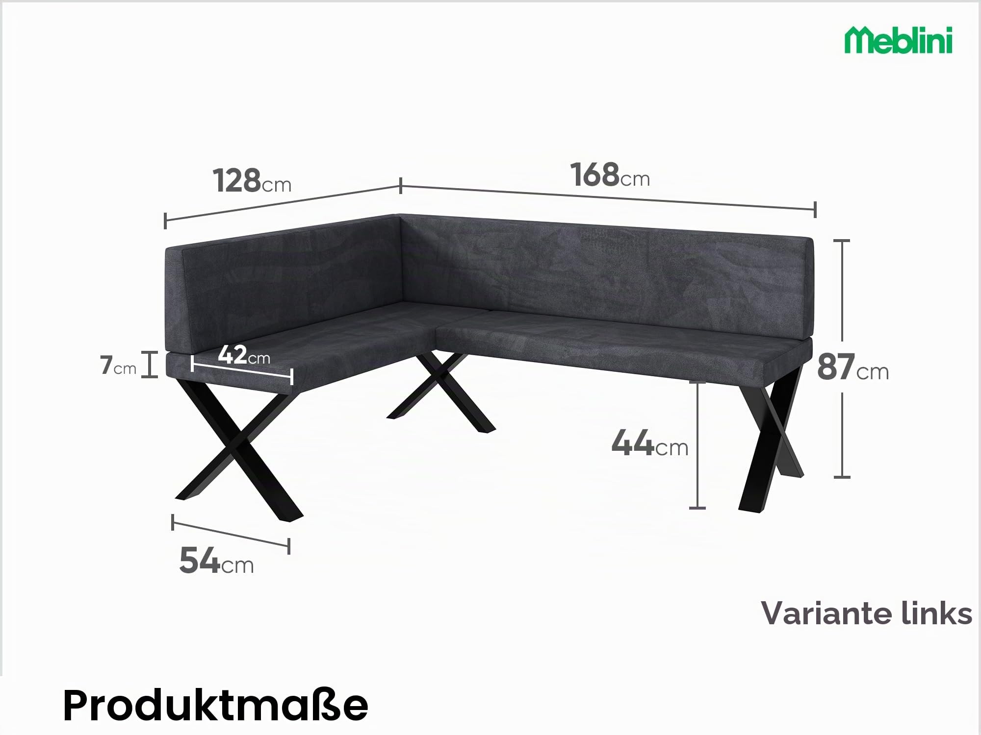MEBLINI Eckbank für Esszimmer - Küchenbank - Essecke - Sitzecke Küche - Toni - X-Beine 128x168x87cm Links - Dunkelgrau Samt