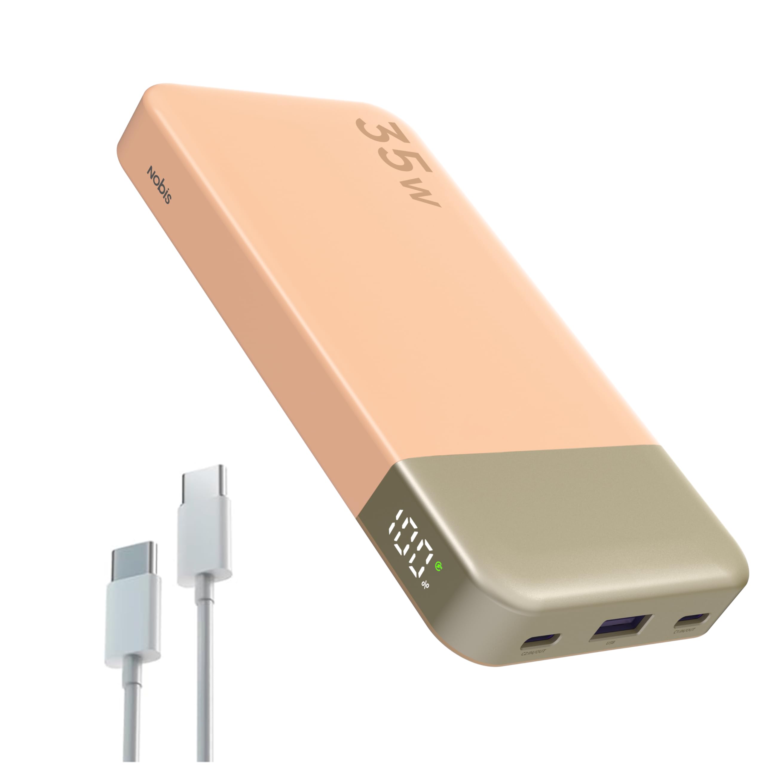 Cargador portátil NOBIS, Power Bank de 10000mAh con Carga rápida, Banco de batería con Cable C a C, Banco de batería con Pantalla Digital para Phone, Pad, Android, etc. (Naranja, 35W)