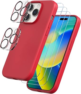 Trianium [6 in 1 Designed for iPhone 14 Pro Max Case Silicone Red, with 3 Pack Screen Protector + 2 Pack Camera Lens Protector, Bundle Protection Kit HD Tempered Glass Cover 6.7 Inch 2022
