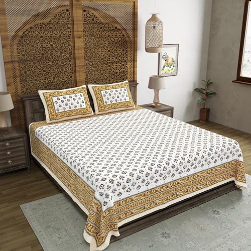 Image of BLOCKS OF INDIA Hand Block Printed 200 TC Cotton King Size Bedsheet (Brown BUTI)