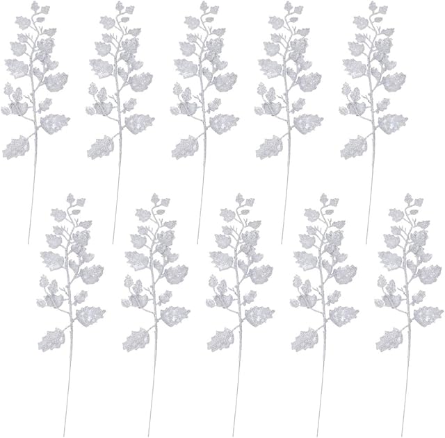 TOYANDONA 10Pcs Christmas Leaves Picks Xmas Glitter Picks DIY Bouquet Stem Picks Decorative Flower Branches for Christmas Wreath Holiday Party Decorations