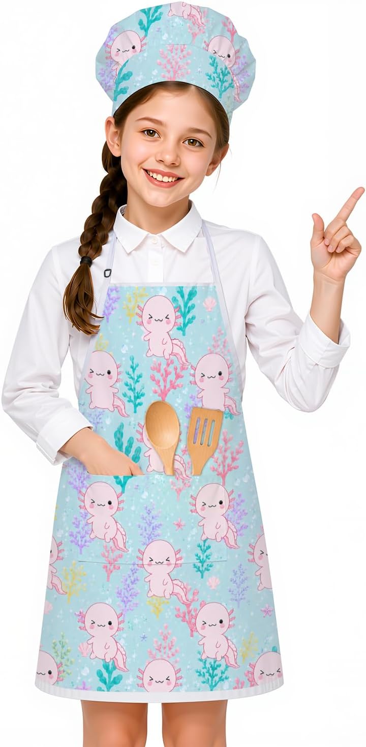 Axolotl Kids Waterproof Apron and Chef Hat Set for Cooking Group