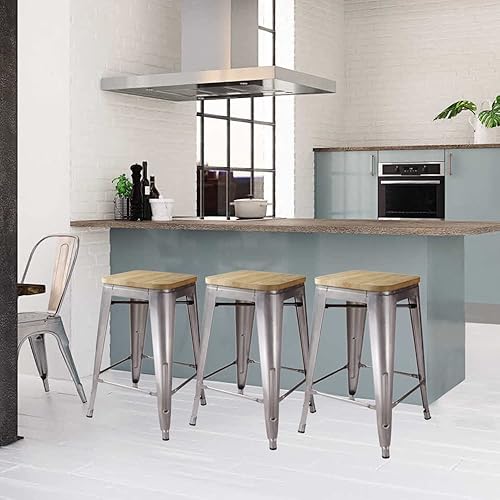 Miniatura 103 de GIA Taburete de mostrador sin respaldo de 24 pulgadas, cantidad de 4, bronce con asiento de madera clara Negro -,Café,Gris,gris, (Gun