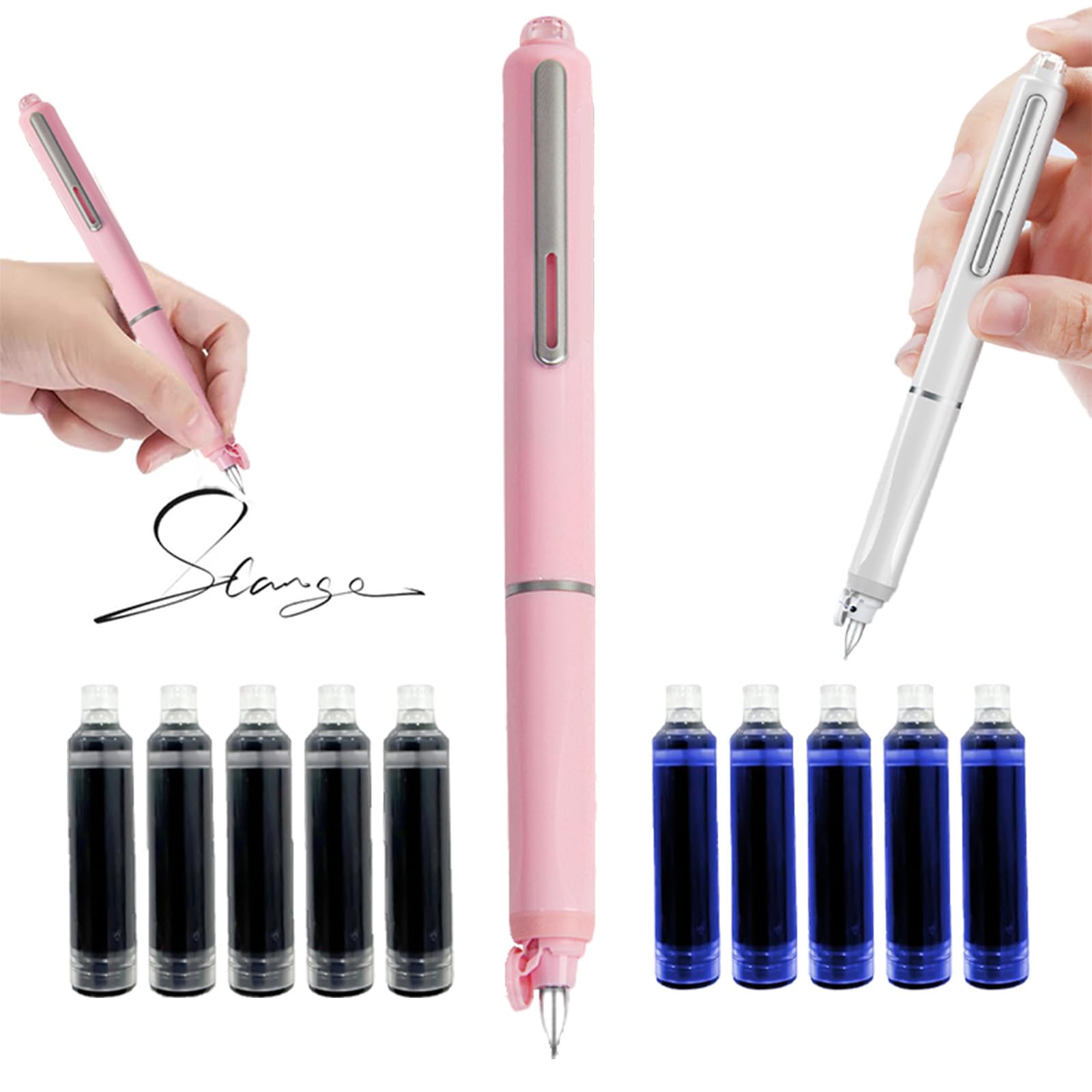 CNVNTAO Retractable Fountain-Pen Clicktech Fountain-Pen With 5 Black&5 Blue Ink Cartridges Medium Nibs Signature Pen No Leaking For Smoothly Writing (