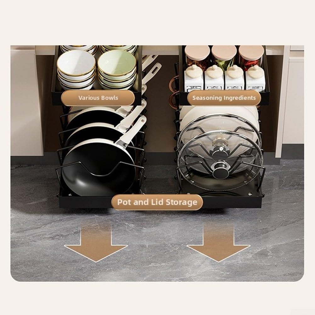 Scaffale scorrevole estraibile per mobili da cucina, progettato per contenere pentole, padelle, coperchi e set di piatti (B nero)