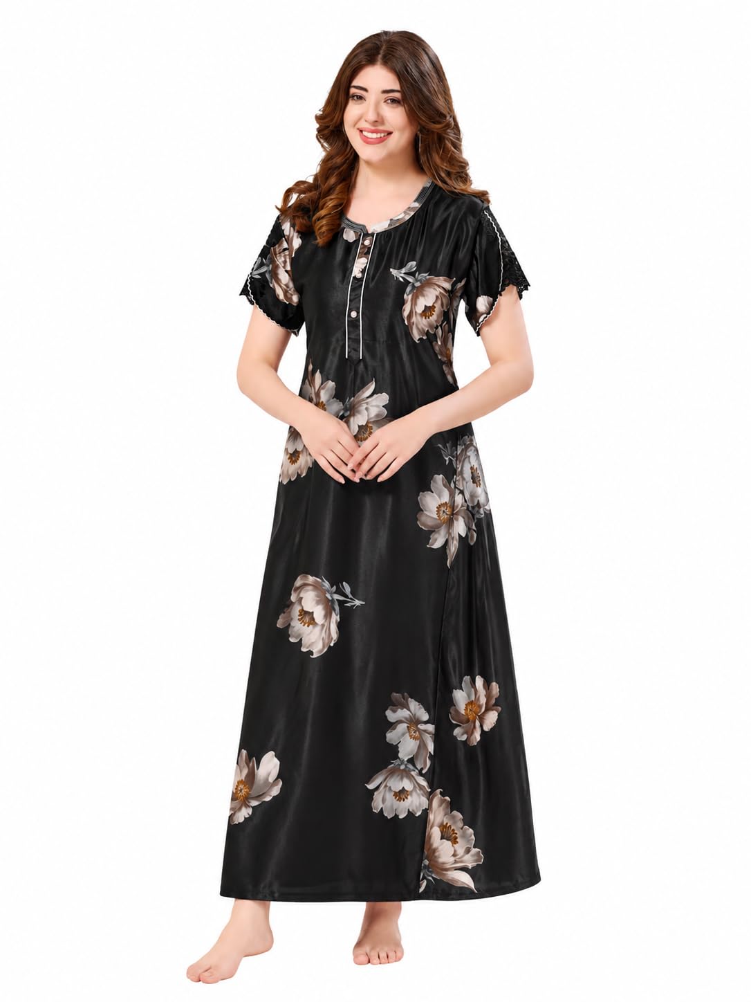Women’s Italian Satin Nighty | Maxi Nightgown | Digital Print Luxury Nightwear | Soft, Smooth & Relaxed Fit Sleepwear Night Dress-picture-42