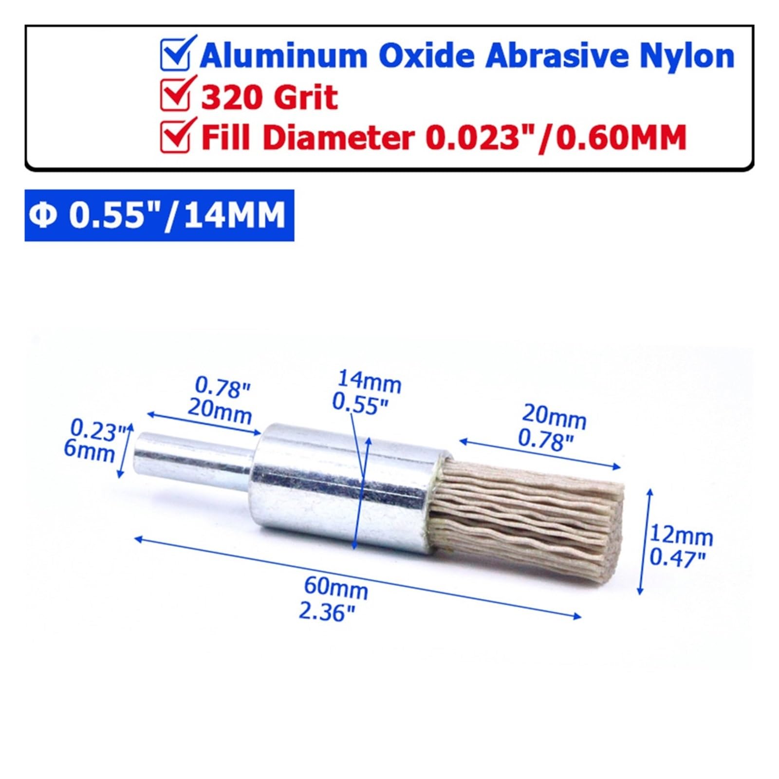 Nasadki szczotkowe do wiertarek, Zestaw szczotek końcowych metalowego koła garnkowego Wiertło Tlenek glinu Nylon ścierny 4-28 mm, ziarno 240-500(0.55in(14mm) 320Grit)