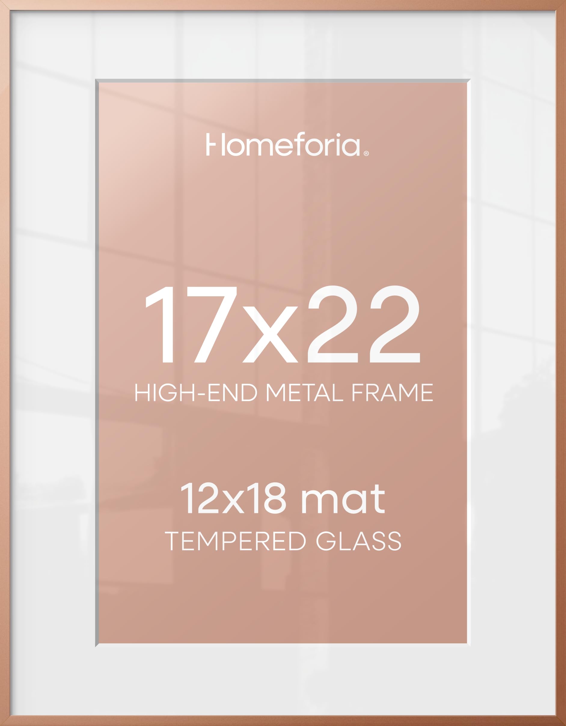 Homeforia 17x22 Picture Frame Rose Gold, High End Metal 17x22 Poster Frames with Mat 12x18 Photo, 17 x 22 Rose Gold Frame Matted to 12 by 18 Print, 22x17 Thin Frame, Tempered Glass, Wall Kit, Set of 1