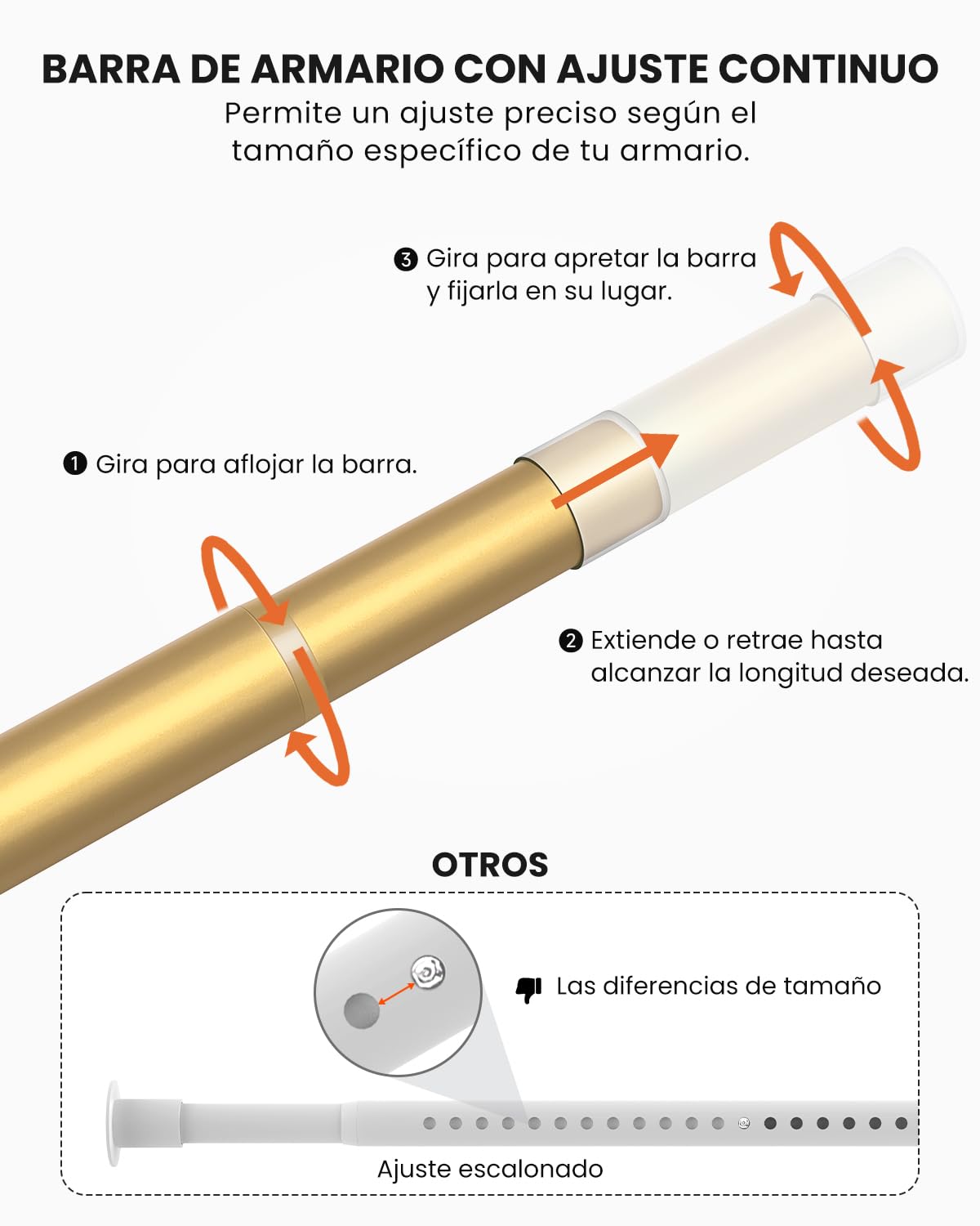 Binario per guardaroba, da 43 a 135 cm, regolabile, in metallo, per appendere vestiti, 3,3 cm, resistente, per armadio, guardaroba, lavanderia, camper, Oro
