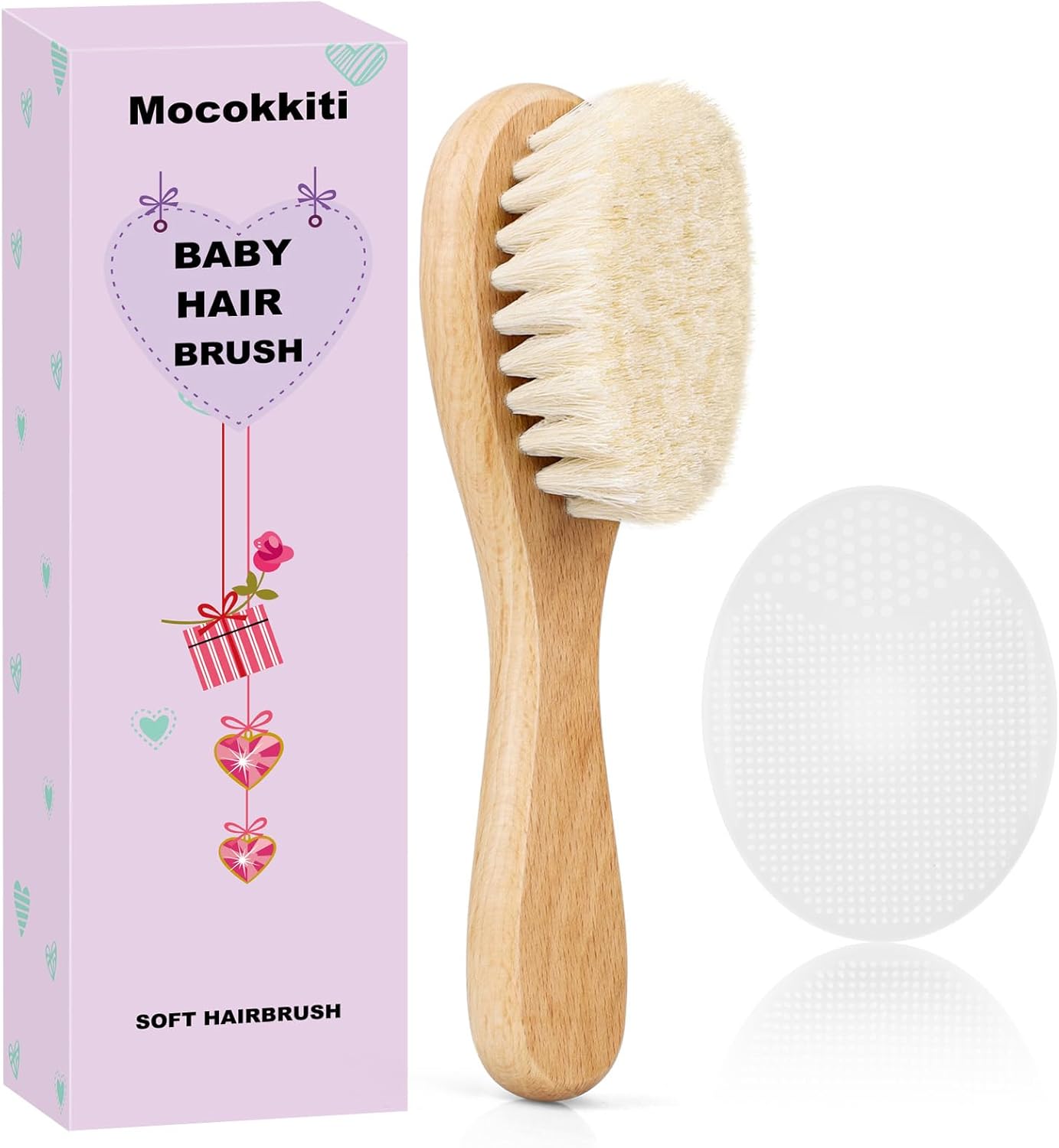 Baby Hair Brush and White Cradle Cap Brush Set for Newborns and Toddlers, Wooden Baby Hair Brush Set with Soft Goat Bristle, Baby Hair Care Kit (2PCS)
