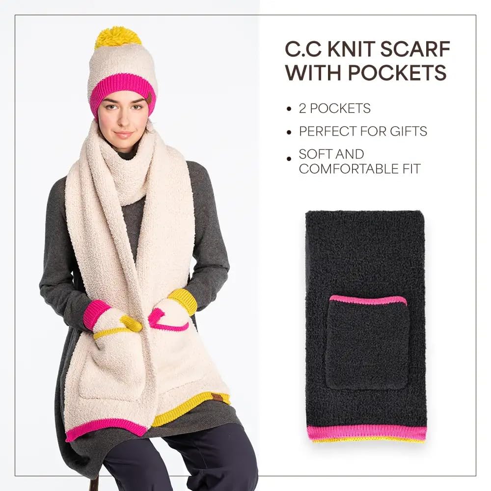 C.C Multicolored Soft Winter Warm Sherpa Knit Pocket Extra Long Shawl Scarf