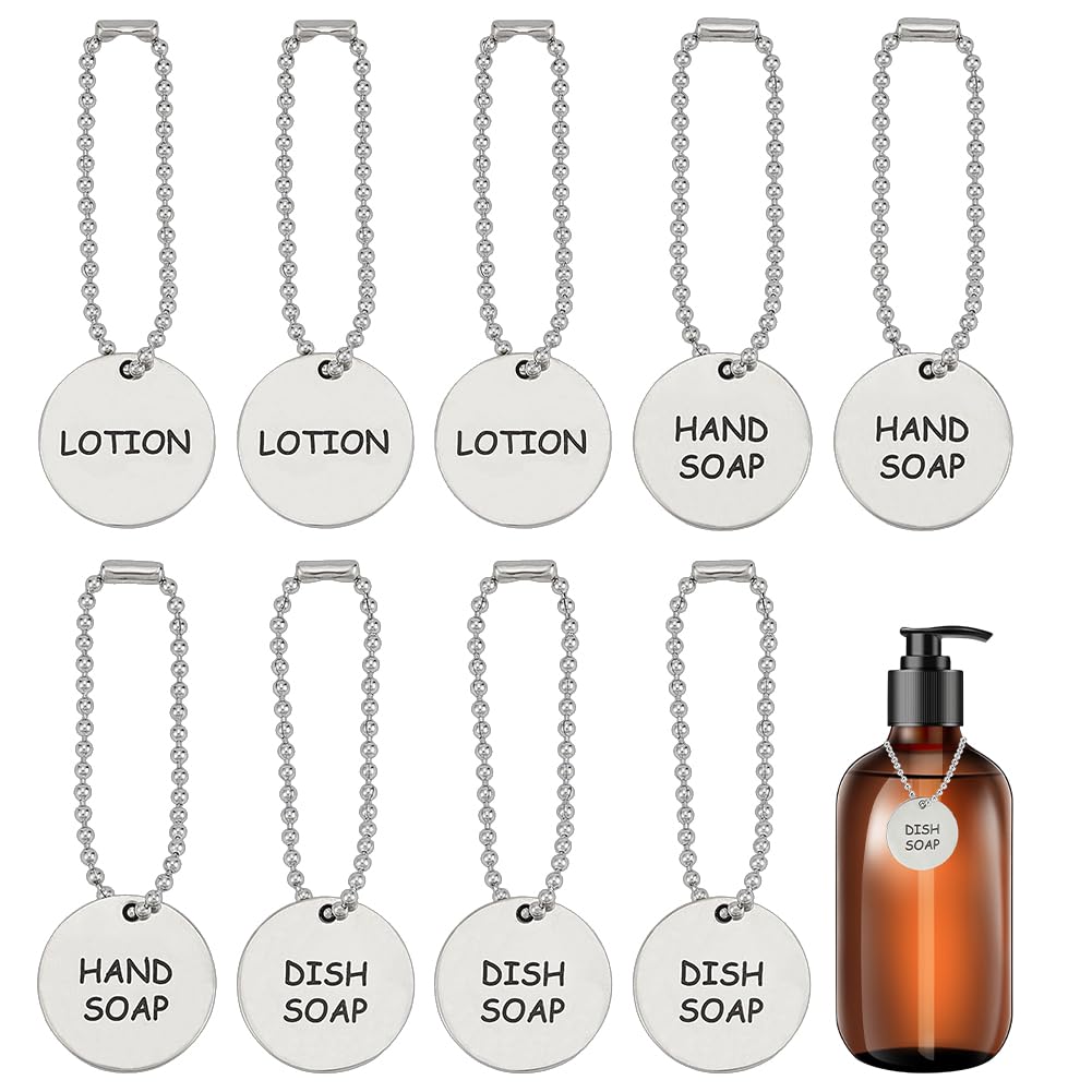 OLYCRAFT 9 Pcs 3 Styles Silver Soap and Lotion Label Tags Stainless Steel Soap Dispenser Labels Bottle Labels Hand-soap Label Hanging Tag Chains for Bathroom Dispensers Kitchen Mason Jar Decoration