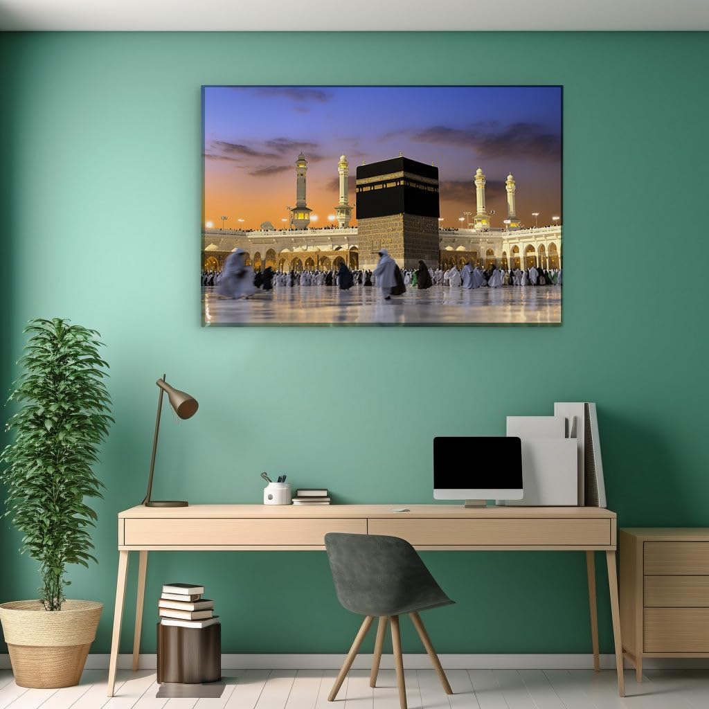 Canvas for Living room. Sunset Serenity at the Grand Mosque - The Kaaba at Heart of Pilgrimage, 27 x 18 inch Canvas Wall Art - Contemporary Masterpieces - Modern Home Decor
