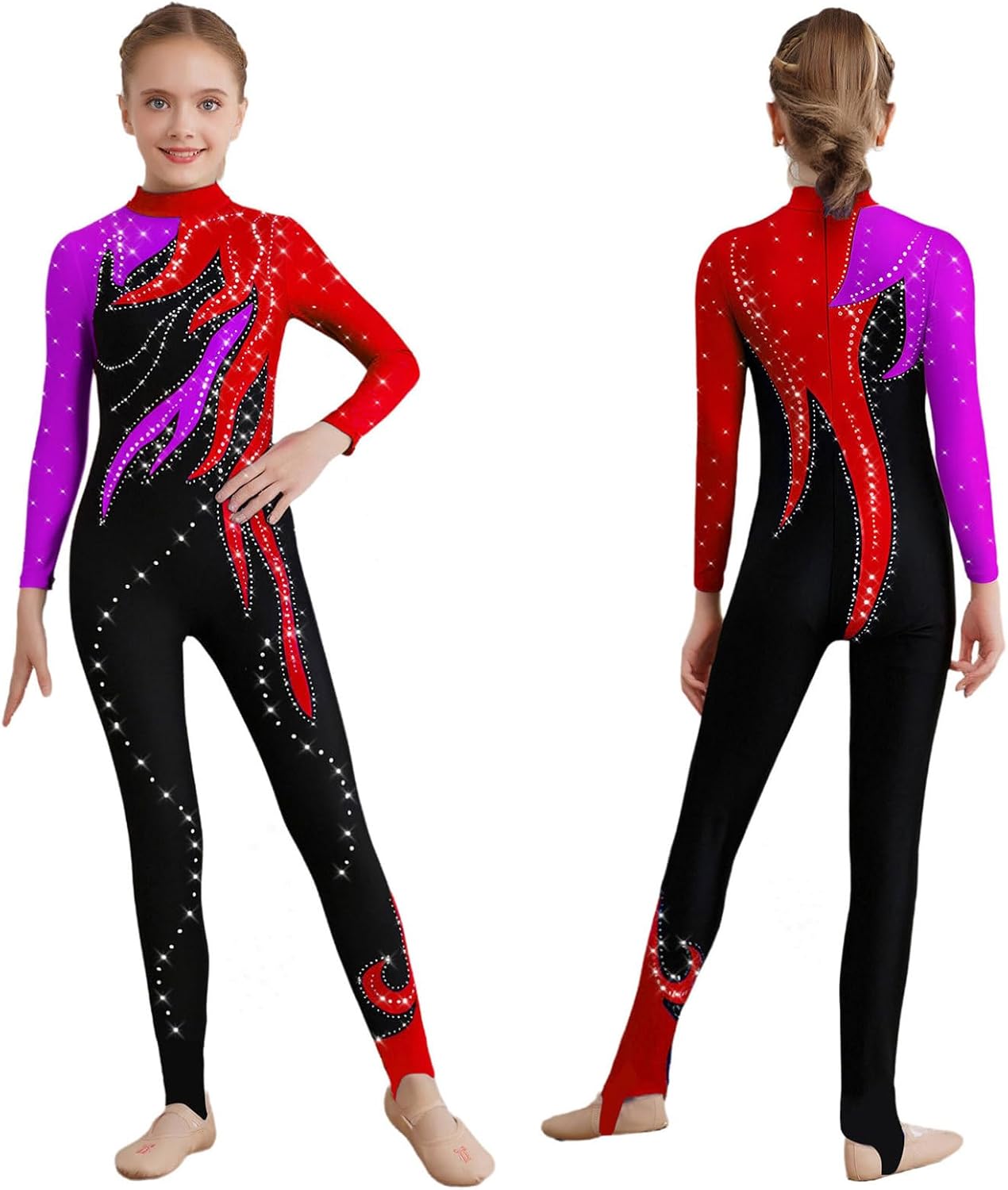 Alvivi Kids Girls Sparkle Rhythmic Gymnastics Unitards Long Sleeve Back Zipper Figure Skating Full Body Leotards