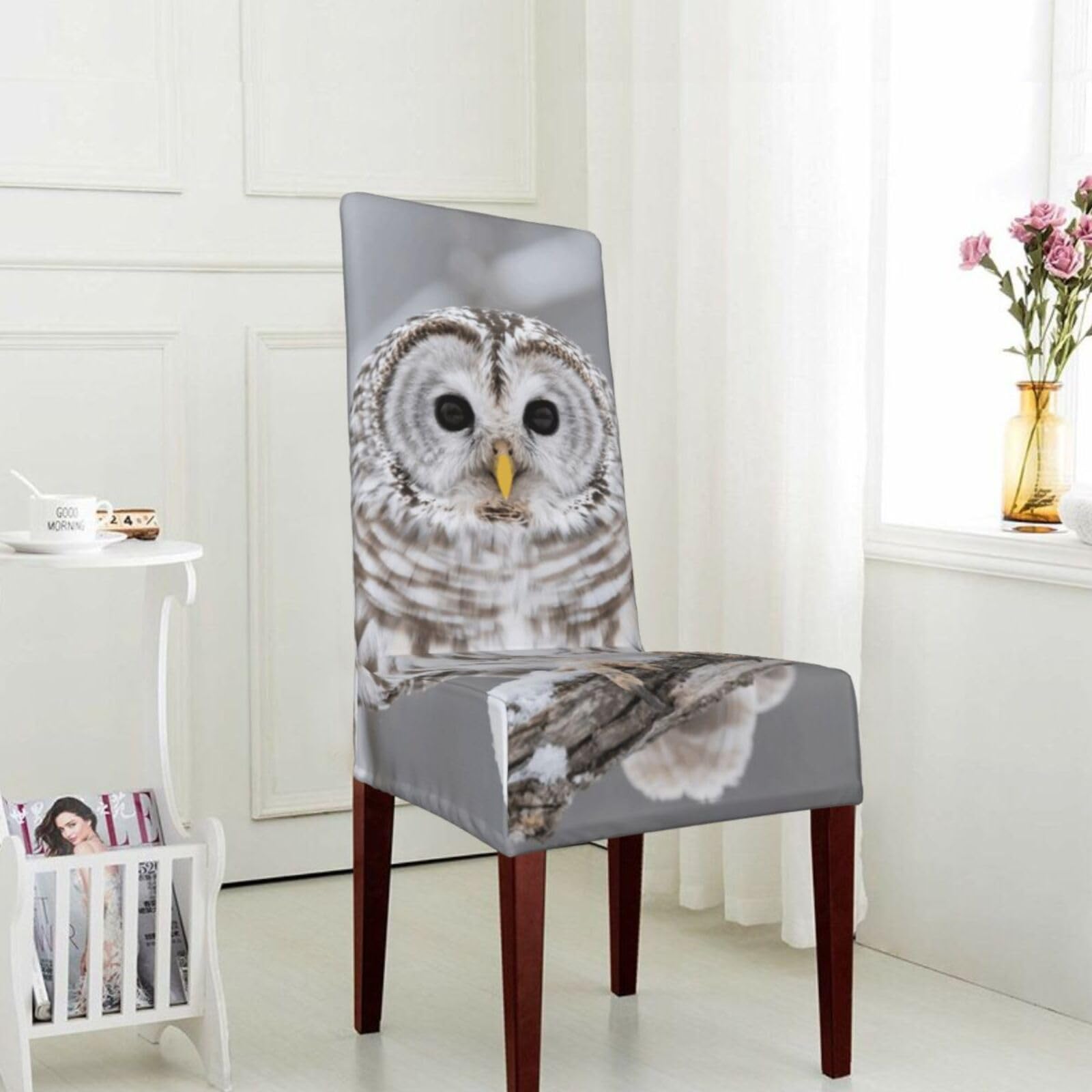 FekiLoot Stretch Dining Room Chair Covers Removable Washable Parsons Chair Slipcovers Curious Barred Owl Closeup Chair Seat Protector Cover for Hotel, Office, Ceremony, Banquet, Wedding Party