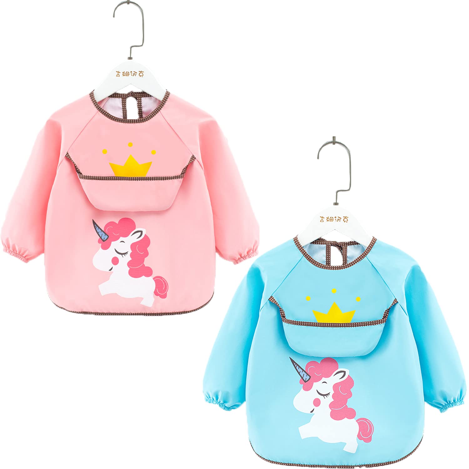 2 Packs Long Sleeved Bib with Crumb Catcher Pocket for Babies and Toddlers Wipeable Stain Soft Adjustable Snaps Feeding Bibs