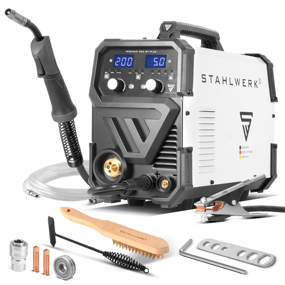 STAHLWERK Schweißgerät Kombi MIG MAG 200 ST PLUS - Schutzgas, IGBT Inverter mit 200 A, synergischem Drahtvorschub, FLUX-, Lift-TIG- und MMA, ARC-Funktion