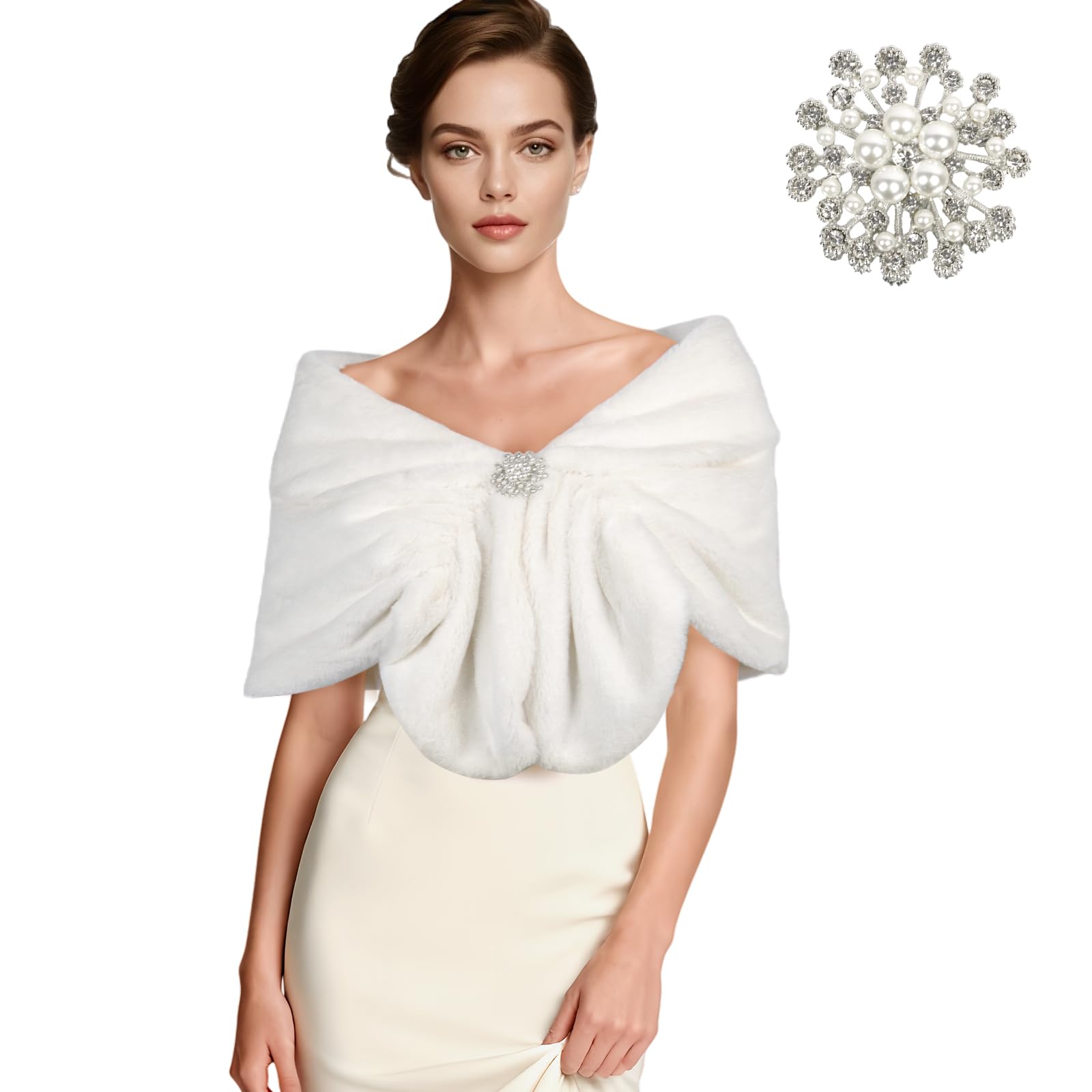 Kunstfell-Stola für Frauen,Elegante Brautstola mit Brosche für Hochzeit, Abendkleid & Party, Flauschige weiße Abendcape für Braut, Brautjungfern & Cheongsam (Einheitsgröße)