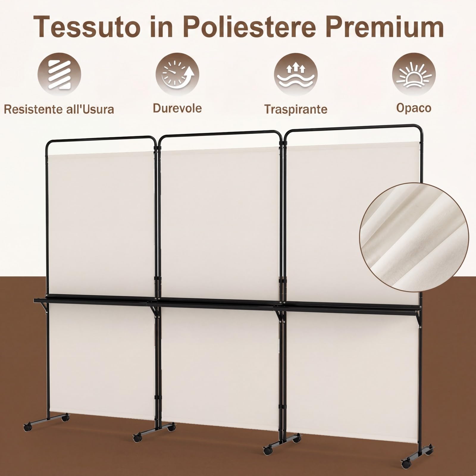 COSTWAY Paravento Interno 3 Ante con 8 Ruote Bloccabili e Ripiani (Bianco) | Separe Divisorio Pieghevole con Scaffale Portaoggetti, Tessuto Resistente e Opaco per Salotto, Camera da Letto e Ufficio