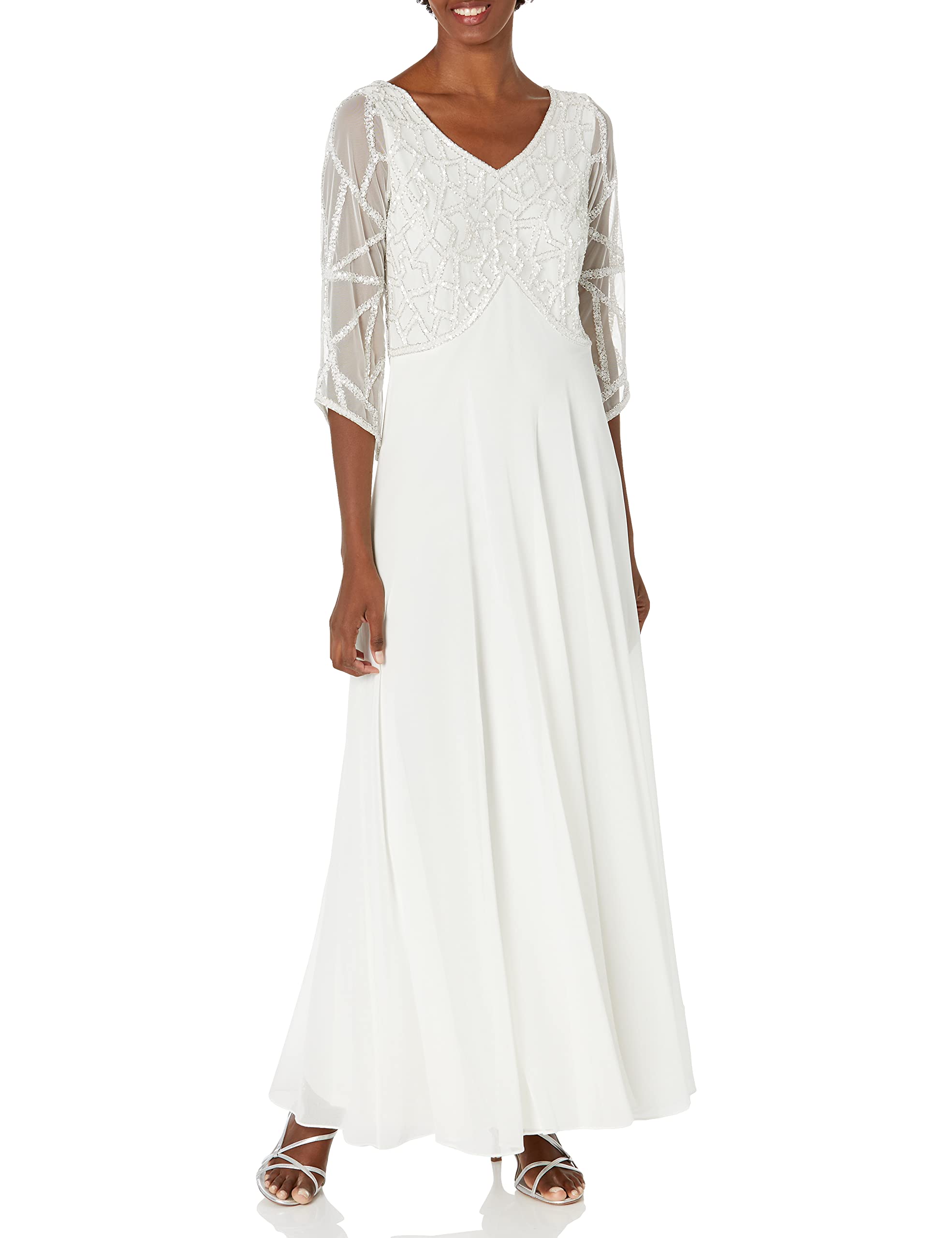 J Kara Women's Plus Size 3/4 Sleeve Geo Beaded Gown 18 Plus Ivory Multi ...