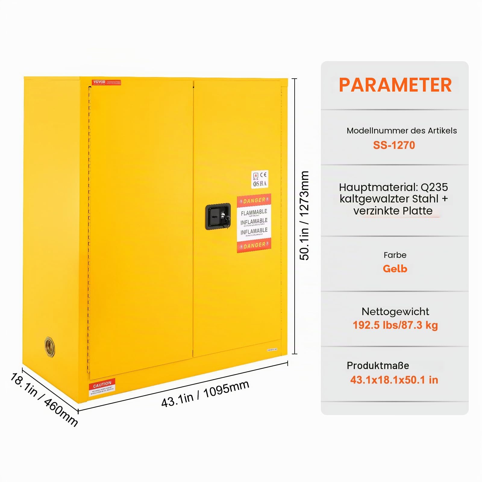 VEVOR Sicherheitsschrank für brennbare Flüssigkeiten, 34 Gallonen, Lagerschrank für brennbare Flüssigkeiten aus Kaltgewalztem Stahl, 1095 x 460 x 1273 mm, Schrank mit einem verstellbaren Regal