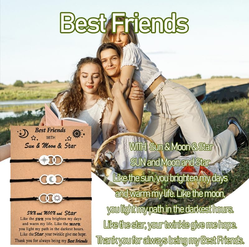 Sisadodo Best Friend Friendship Gifts for Friends Birthday Christmas Bracelet Gift for Besties Sun Moon Star Matching Bracelets - Image 7