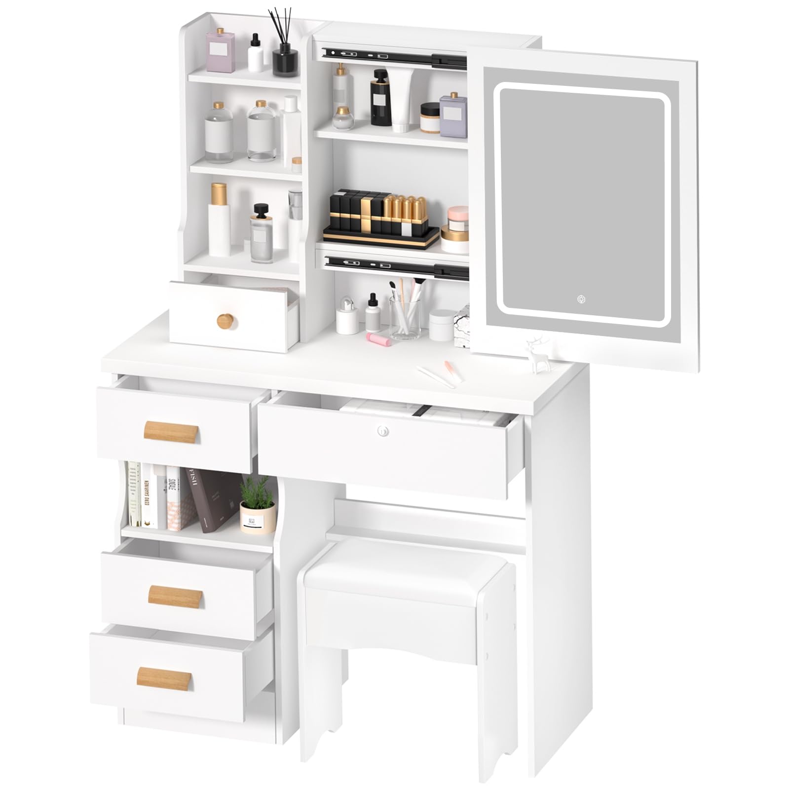 Dressing Table with Adjustable 3 Color Large Sliding Lighted Mirror, Bedroom Makeup Vanity Table with 5 Drawers and Multi Hidden Storage Shelves, Cushioned Stool, Home Dorm Make Up Table WHI