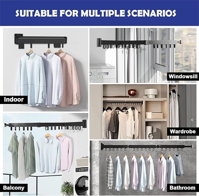 Image of Wall-Mounted Retractable Clothes Drying Rack | 51 Inch Extendable Folding Laundry Hanger with 360 Rotating Arms | Heavy-Duty Multi-Hook Drying Rail for Balcony, Bathroom, Indoor & Outdoor Use