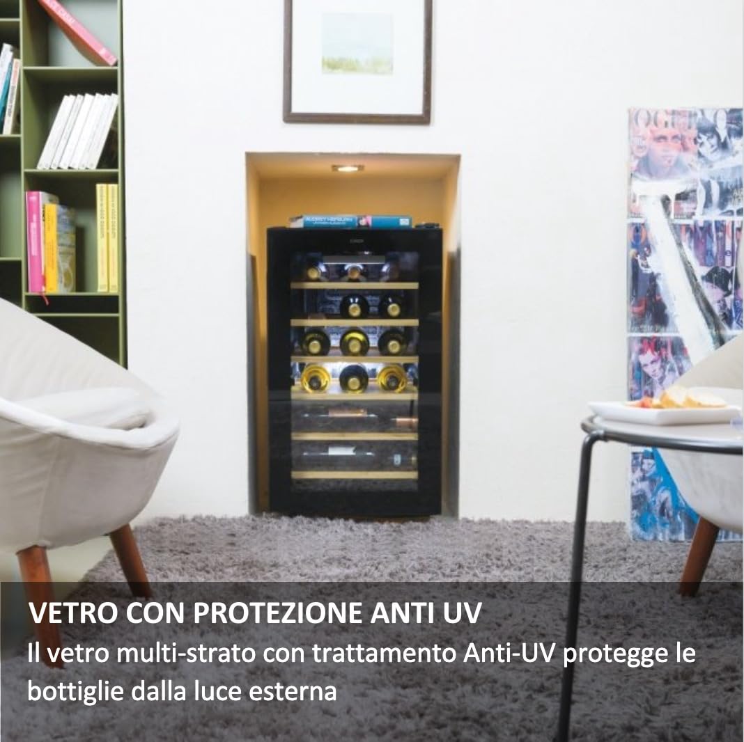 CANDY DiVino Cantinetta vino, 21 Bottiglie con porta in vetro, Ripiani in bambù 6 + 1 wine rack, Controllo elettronico, A×P×L 70×54,5×40 cm, Nera – CWCEL 210/NF