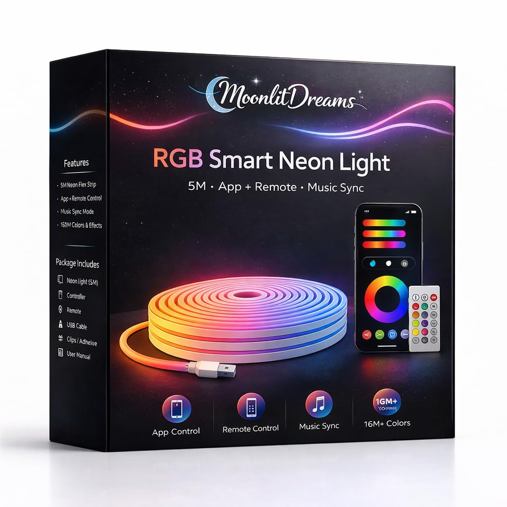 MoonlitDreams 5 Meter Smart RGB Neon LED Strip Lights with App & Remote | Music Sync Rope Light for Indoor Room, Gaming, Party, Diwali & Home Decoration