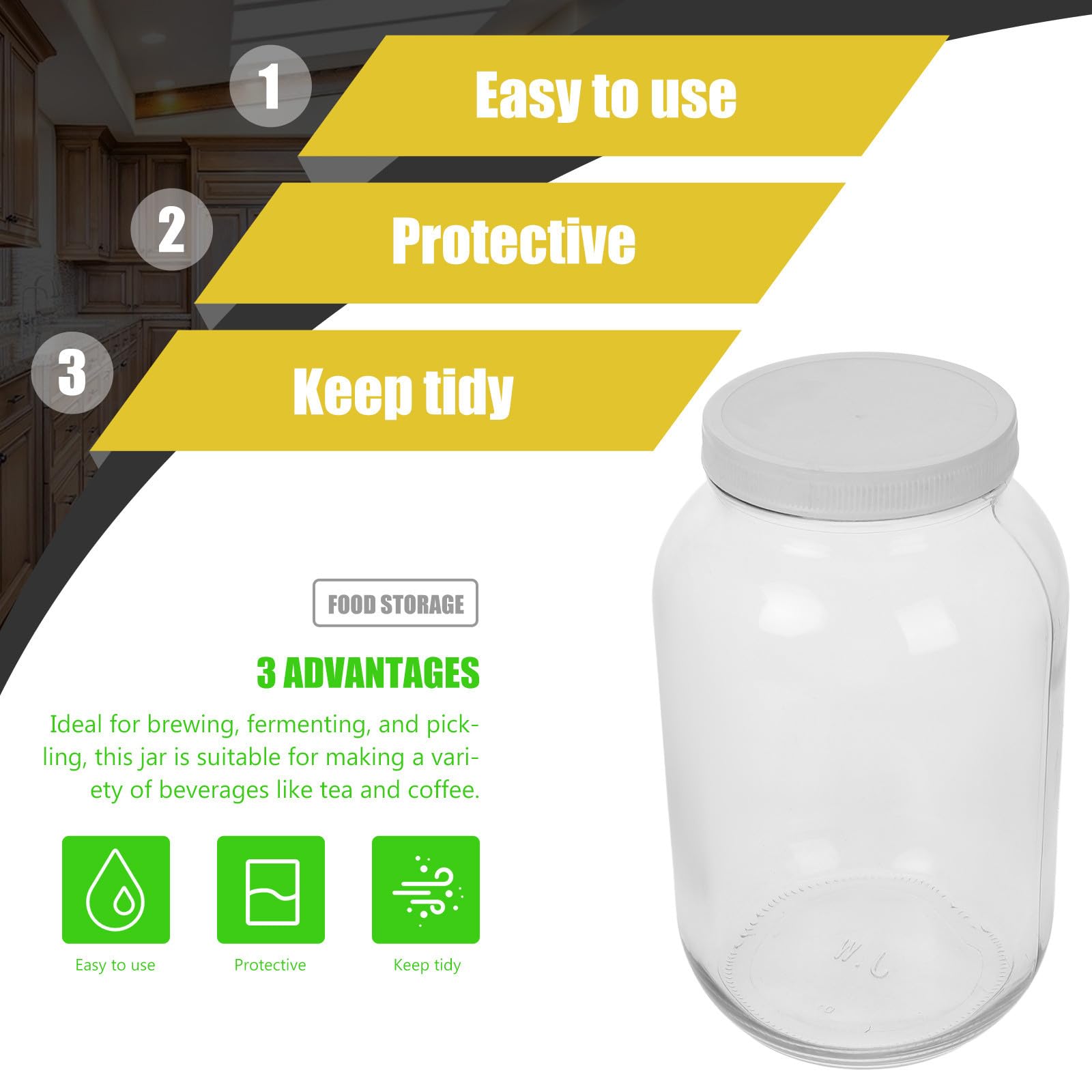 DECHOUS Tarro de Cristal Grande con Tapa de Plástico Hermético de 1 Galón para Fermentación y Almacenamiento Recipiente de Vidrio Elegante y Espacioso para Cocina y Café