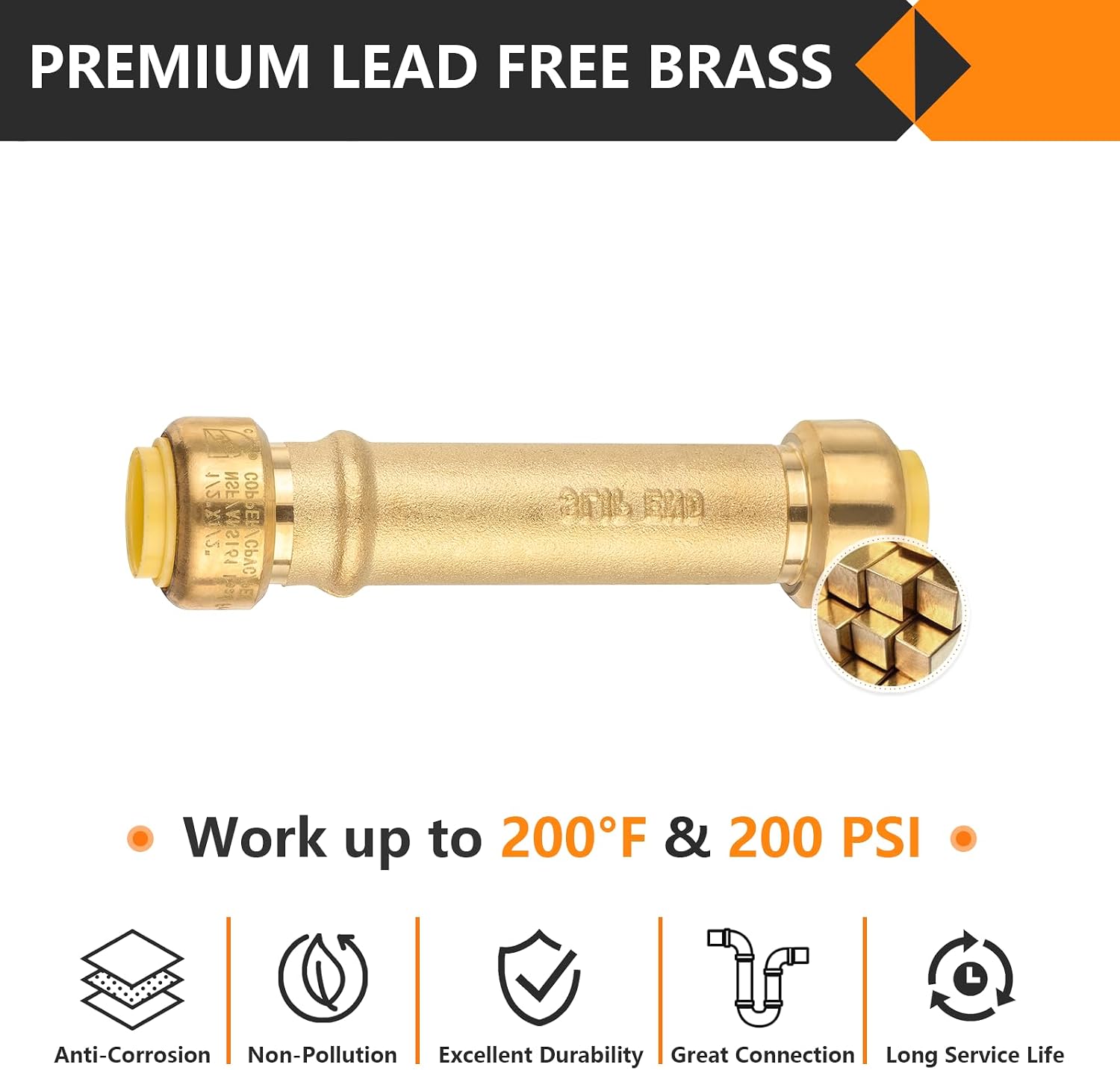 10-Pack HeSun Pushfit Slip/Repair Coupling, 1/2-Inch Push to Connect Plumbing Fittings with Disconnect Clip, Brass Push-fit Fittings for PEX, Copper, CPVC, PE-RT Pipes(PF104-10)