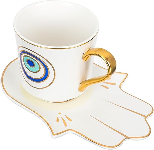 Miniatura 10 de Luxshiny Juego de tazas de café de ojo malvado taza de café turco de ojo azul con leche de agua, taza de té con amuleto de protección con plato de