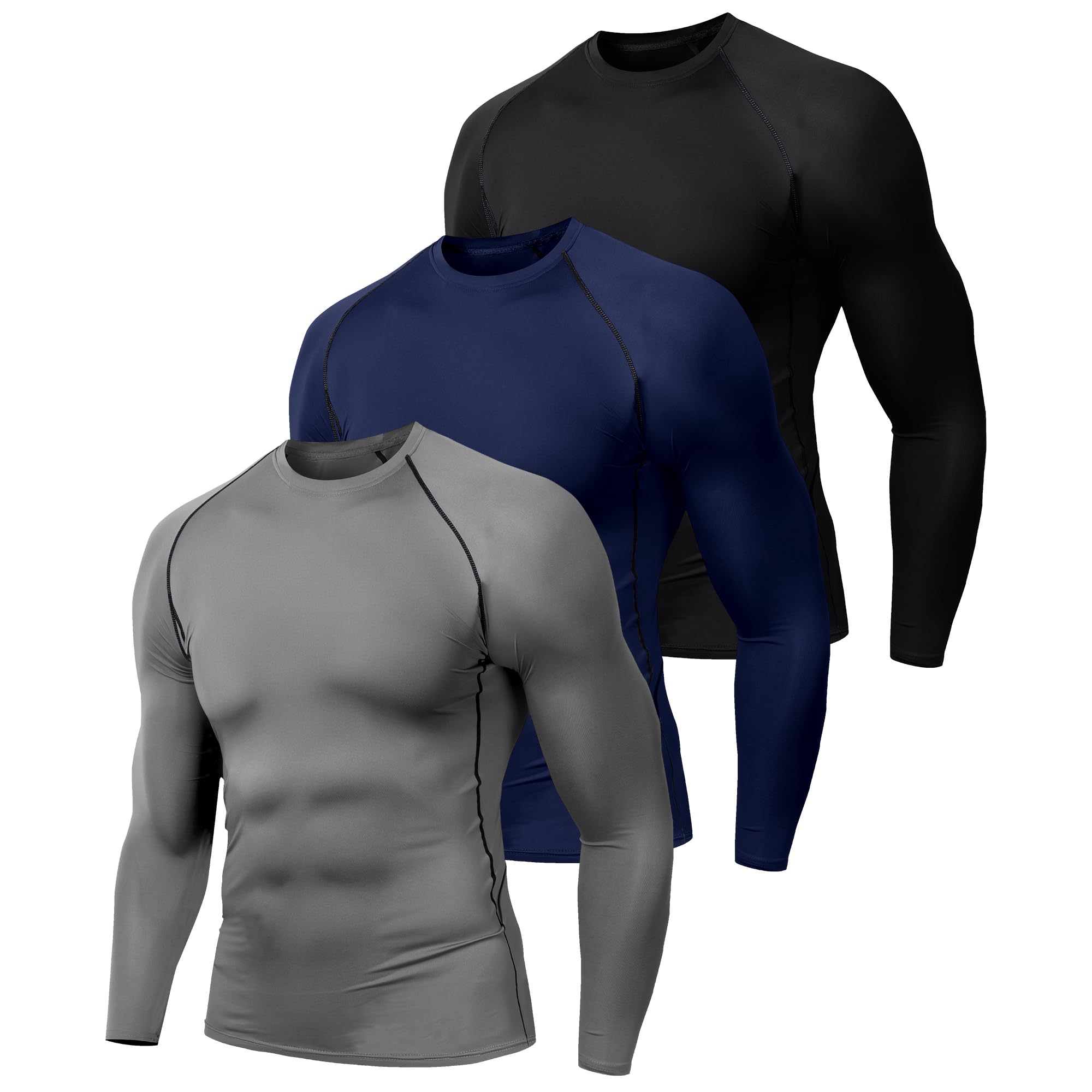 Holure 3 Pack Compression Shirts for Men Long Sleeve Mens Running Top Quick Dry Base Layer Tops for Gym Sports Fitness Workout Black/Blue/Grey-2XL — image 1