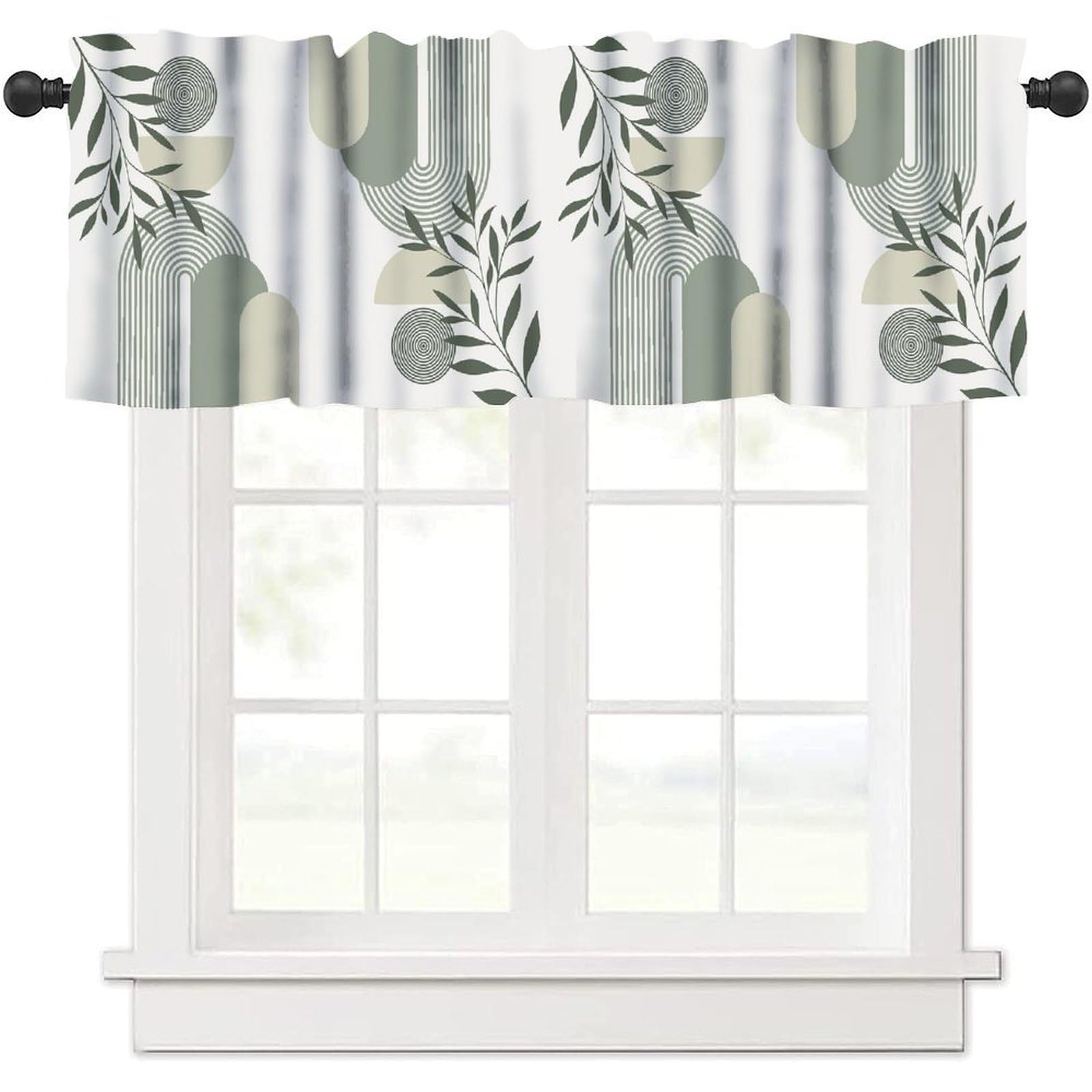 Boho Leaves Valance Curtains Sage Green Mid Century Modern Abstract Arch Geometric Minimalisted Spring Window Curtain Valance for Farmhouse Kitchen Bedroom Living Room 54x18inch