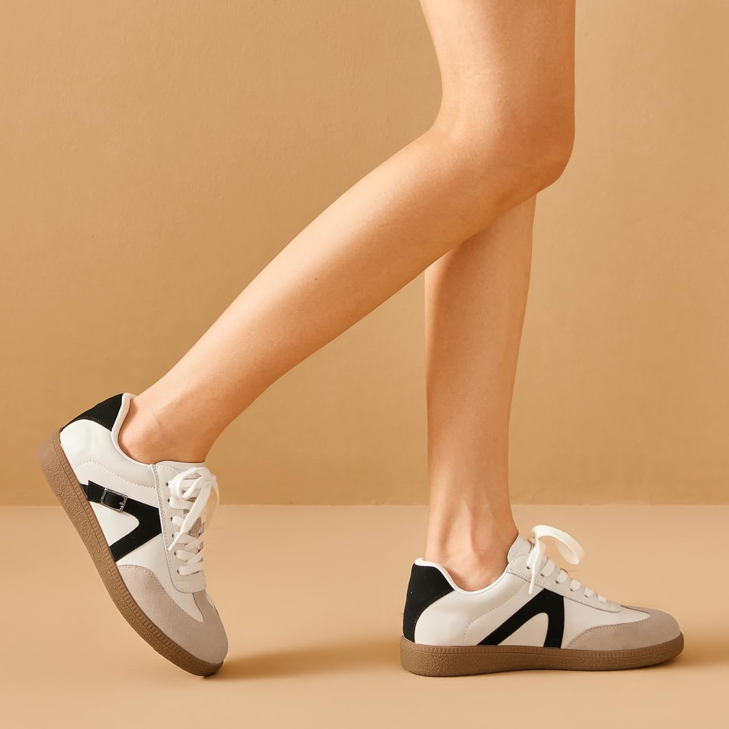 BEAU TODAY Women’s Flat Sneakers, Retro Comfortable Lace-up Fashion Sneakers for Women, Buckle Decoration Casual Leather Walking Shoes - Image 3