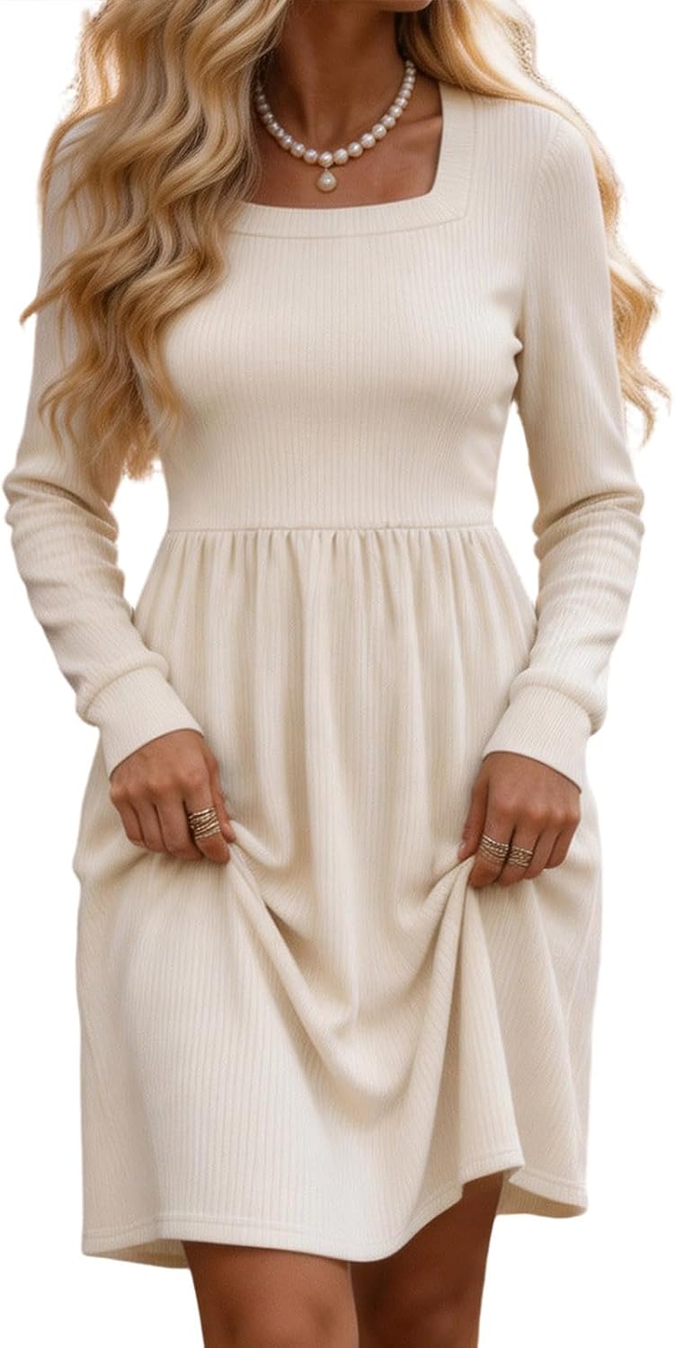 Womens Square Neck Sweater Dress Long Sleeve Fit and Flare Dresses