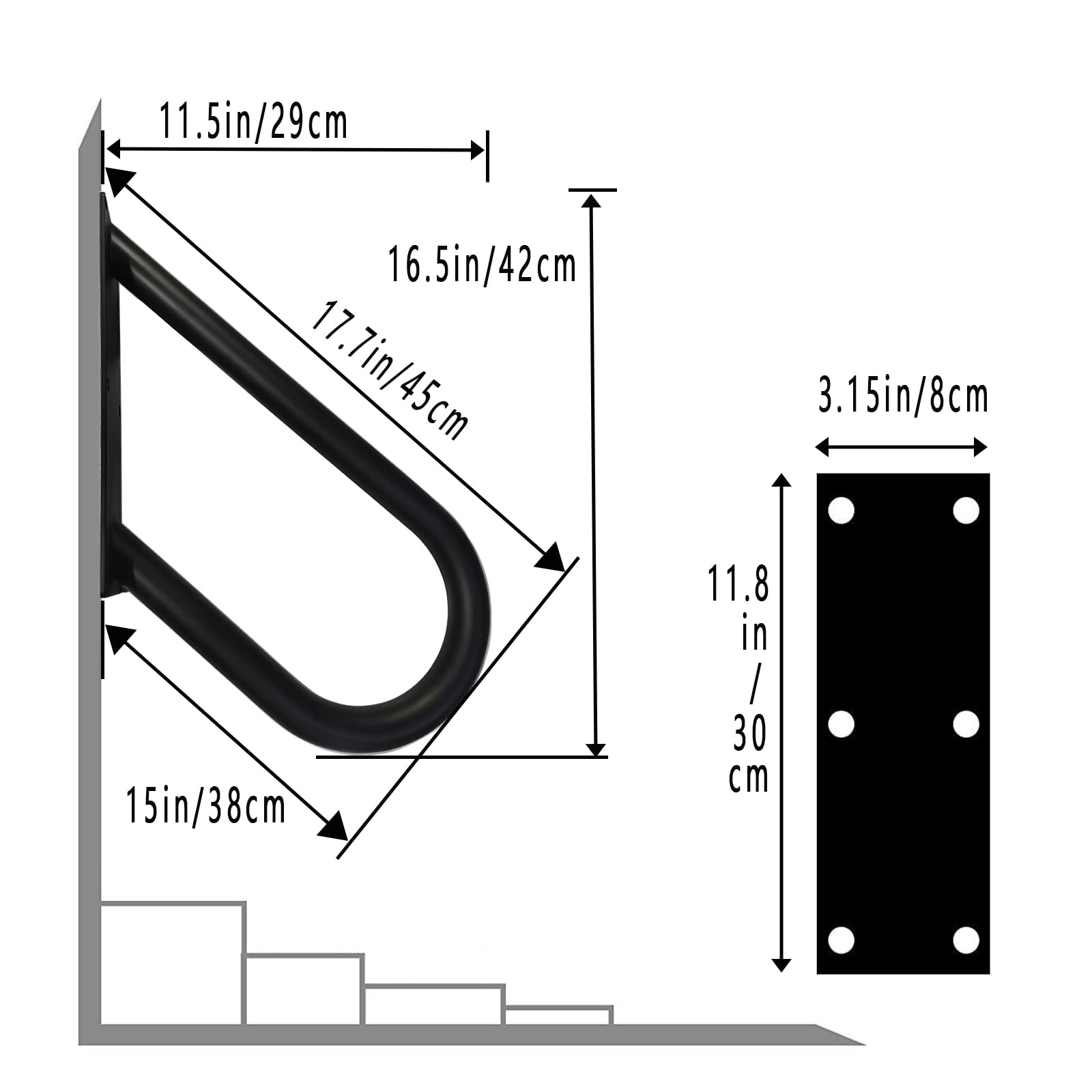 Pasamanos de escalera tipo U, pasamanos para exteriores, instalación montada en la pared, adecuado para 1-2 escalones, baño, proporciona comodidad para la seguridad familiar (longitud 18