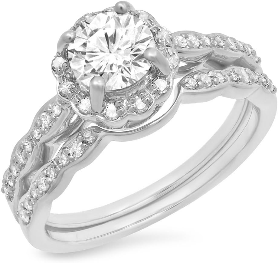 Dazzlingrock Collection 14K Real Solid Gold Round White Moissanite & Real Natural Diamond Bridal Halo Engagement Ring Set