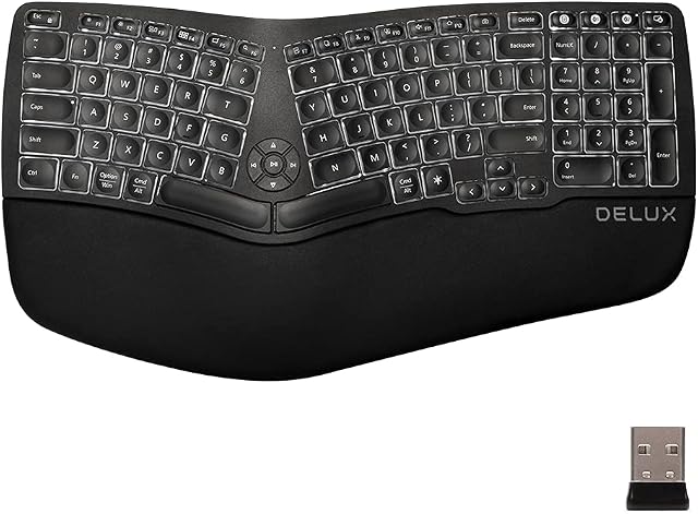 DeLUX Ergonomic Keyboard, Wireless Ergo Split Keyboard with Backlit for Natural Typing and Reduce Hands Pain, USB Receiver, BT5.0, Scissor Switch and Palm Rest for Windows and Mac(GM902A-Black)
