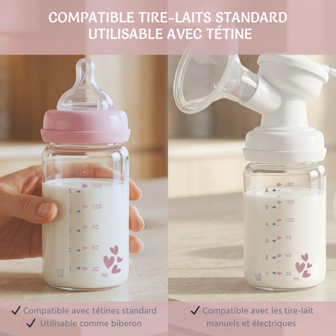 Bottiglie di latte materno in vetro borosilicato 180 ml – Conservazione latte materno nel congelatore – Contenitore riutilizzabile per bambini con coperchio in silicone